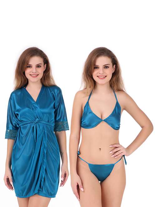 tie front lace detail robe set - 18328986 - Standard Image - 0