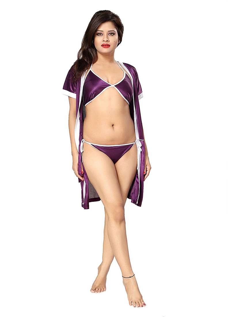 purple solid robe nightwear set - 18328994 -  Standard Image - 3