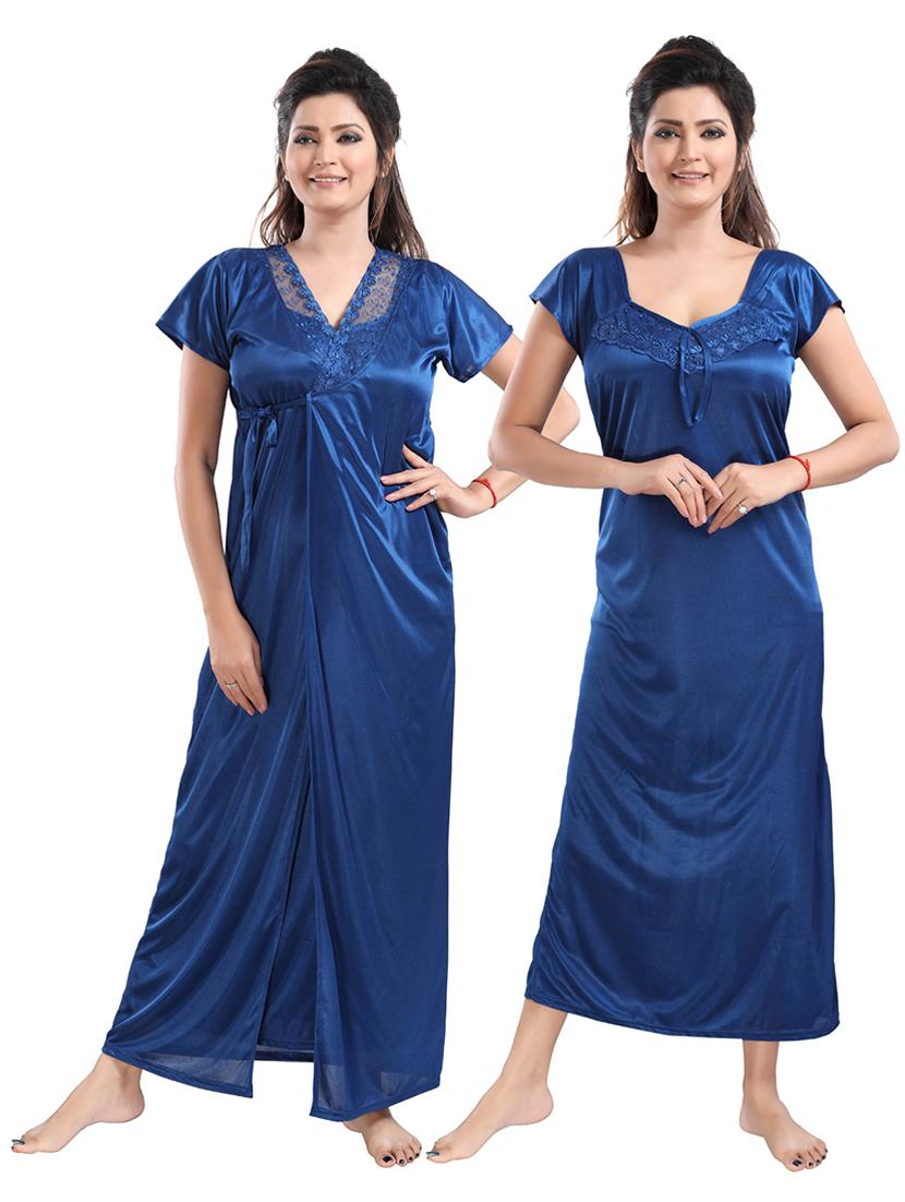 tie front solid nightwear set - 18329095 - Zoom Image - 0