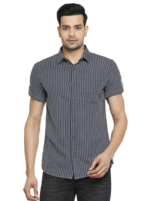 navy blue striped casual shirt - 18329420 - Standard Image - 0