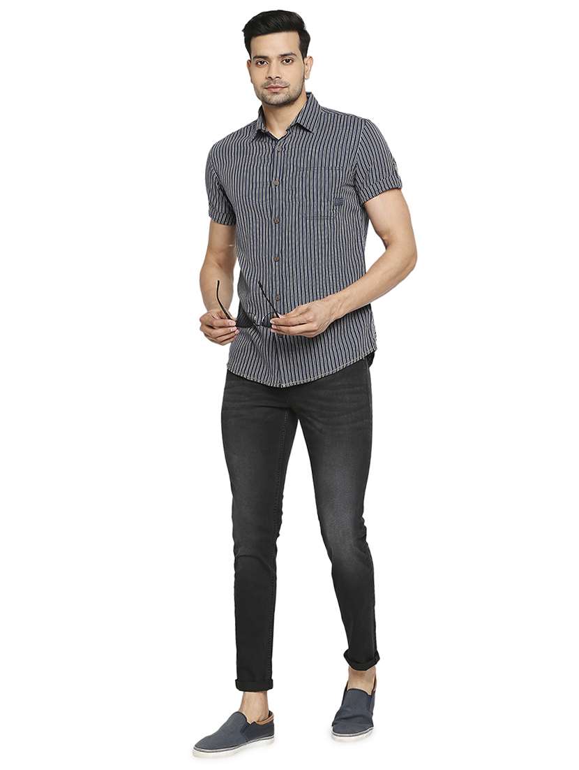 navy blue striped casual shirt - 18329420 - Standard Image - 3
