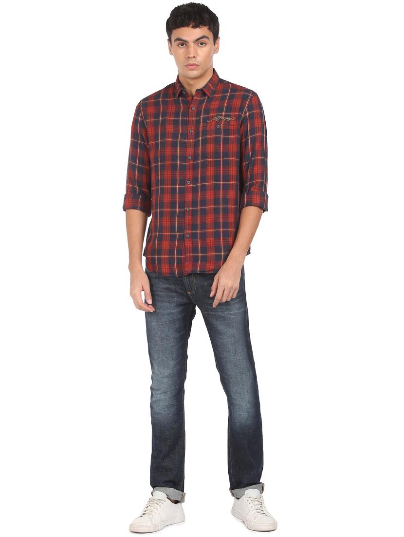 orange checkered casual shirt - 18332128 - Standard Image - 3