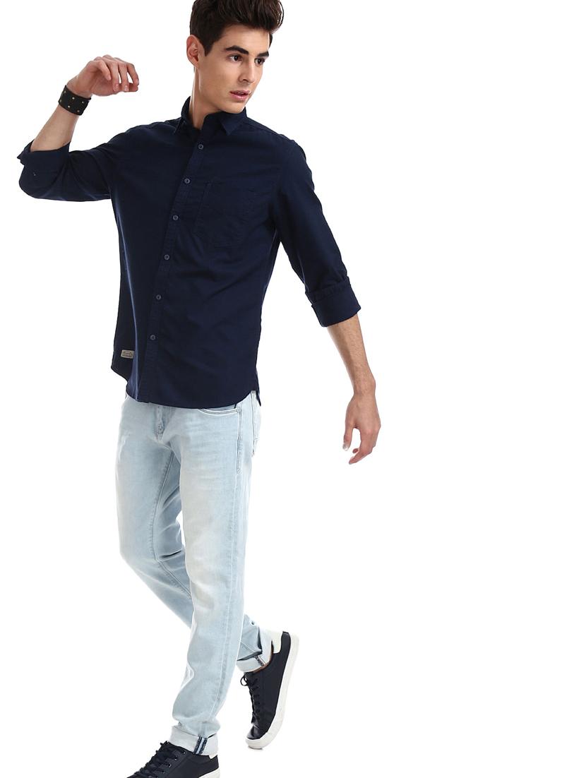 navy blue solid casual shirt - 18332129 - Standard Image - 3