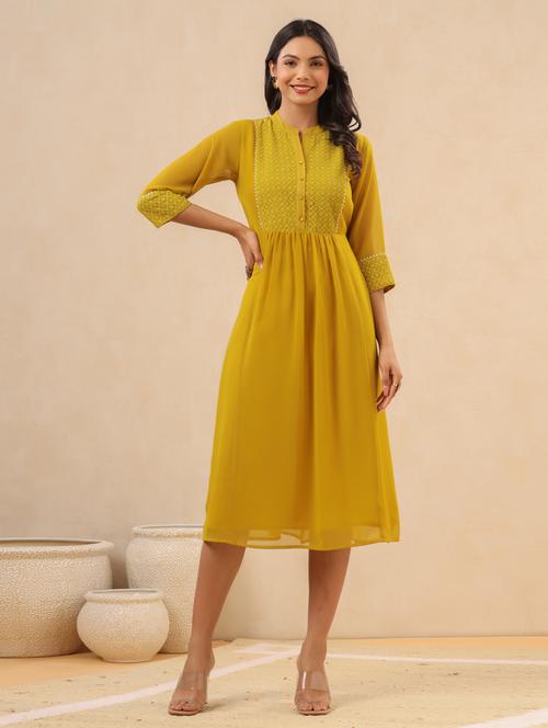 mustard georgette a-line ethnic dress - 18334237 -  Standard Image - 0
