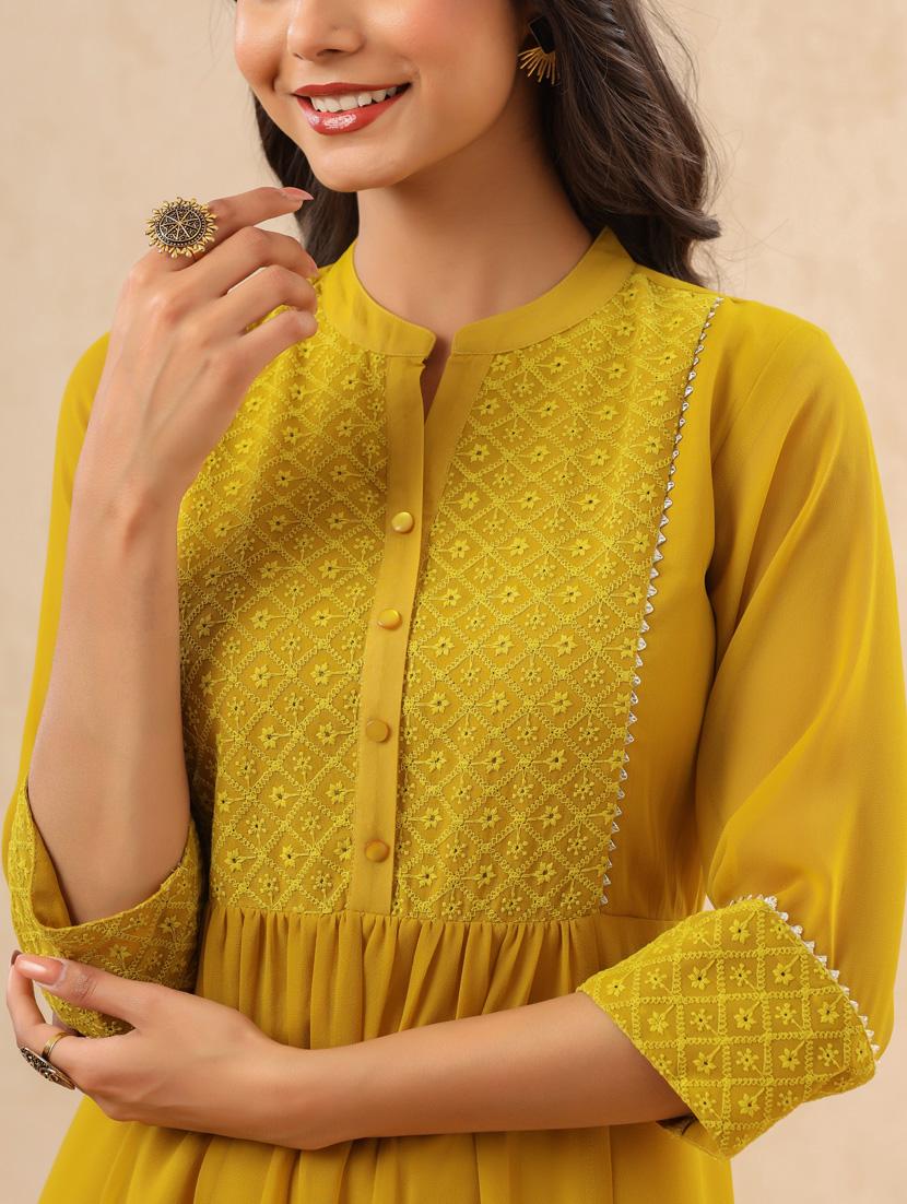 mustard georgette a-line ethnic dress - 18334237 - Standard Image - 3