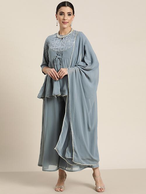 grey georgette kurta palazzo set - 18334963 - Standard Image - 0