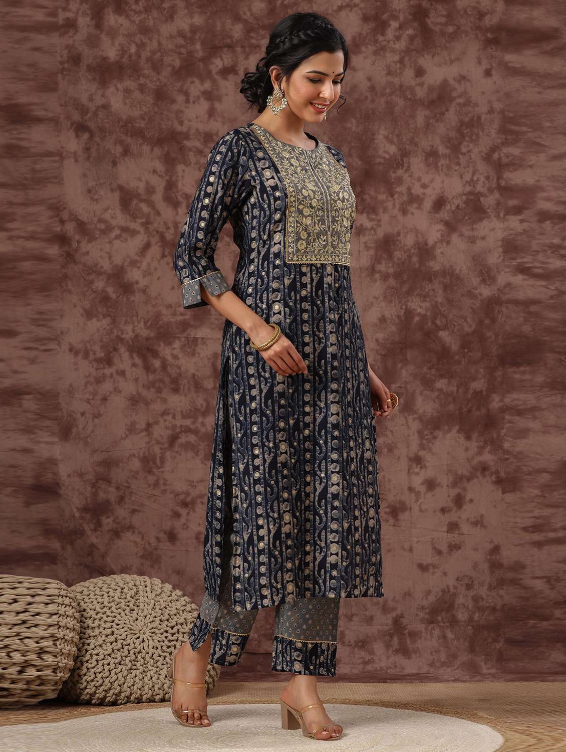 Buy online Blue Chanderi Kurta Pant Set 
