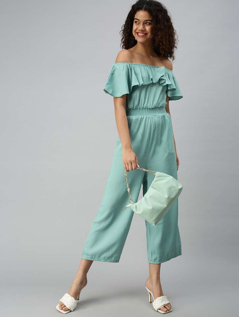 off shoulder solid full leg jumpsuit