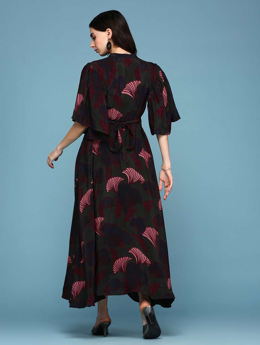 mandarin neck printed flared dress - 18337329 -  Standard Image - 3