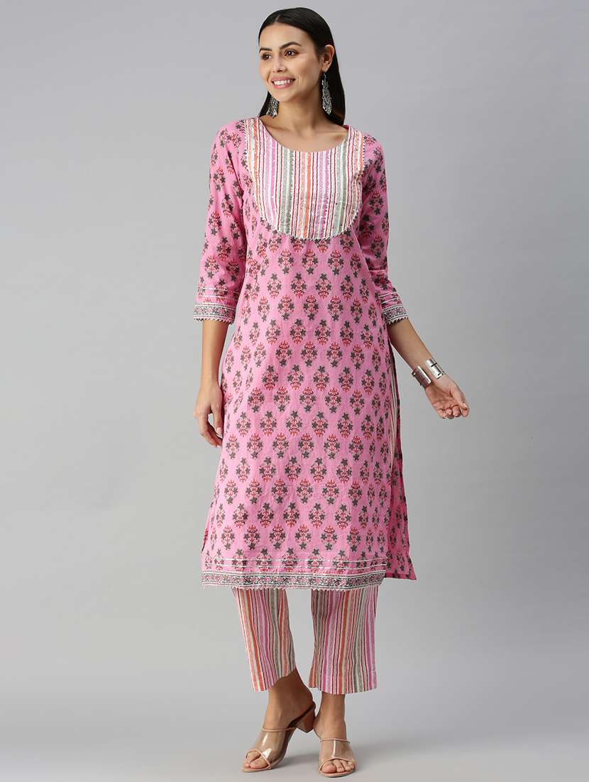 women pink printed round neck kurta pant set - 18338291 -  Standard Image - 3
