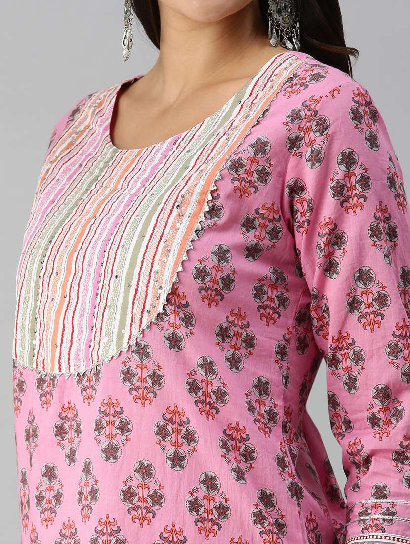 women pink printed round neck kurta pant set - 18338291 -  Standard Image - 5