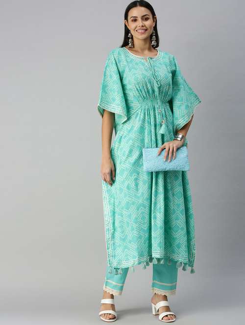 women sea green geometric print kaftan set - 18338292 - Standard Image - 0