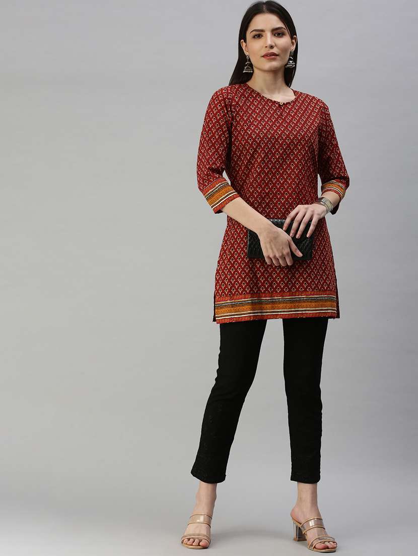 Brown Printed Straight Kurti - 18338321 -  Standard Image - 3