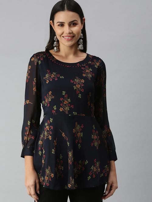 navy printed a-line kurti - 18338326 -  Standard Image - 0