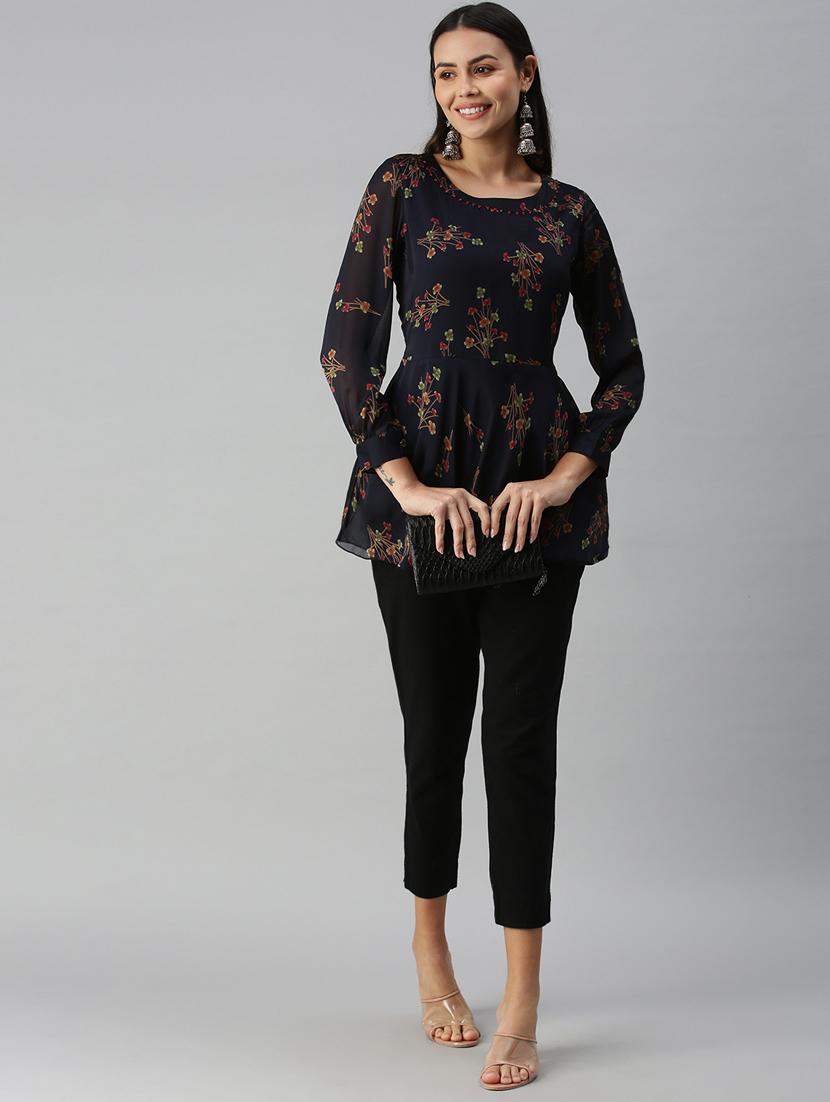 navy printed a-line kurti - 18338326 - Standard Image - 3