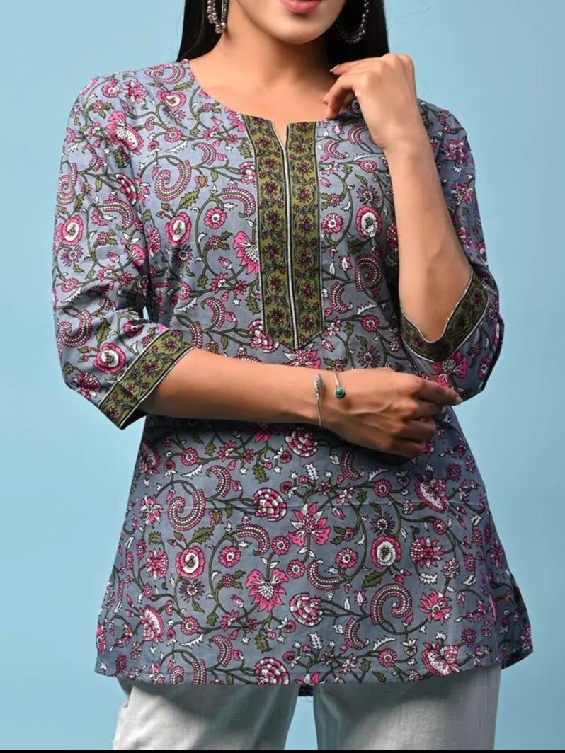 grey printed round neck kurti - 18343461 -  Zoom Image - 0