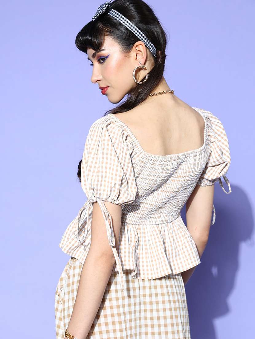 puff sleeved checkered top - 18346328 -  Standard Image - 3