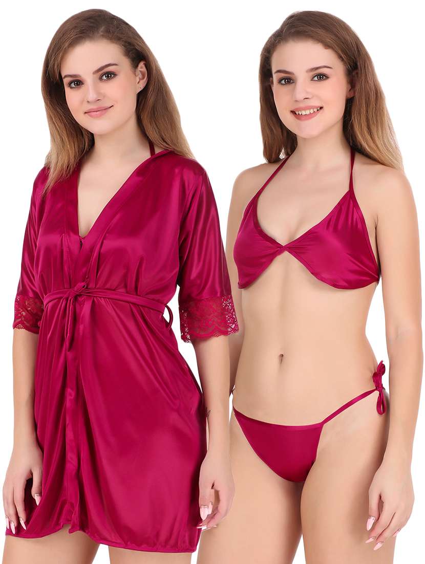 magenta tie front solid sleepwear robe set