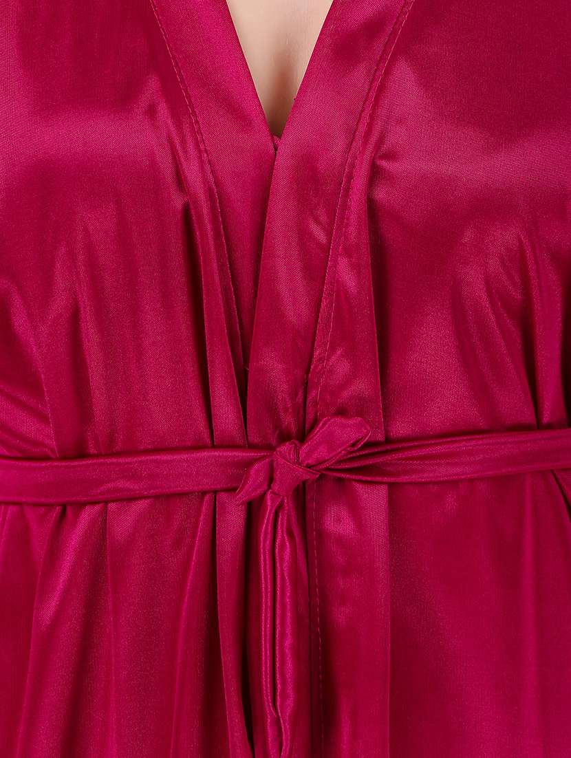magenta tie front solid sleepwear robe set - 18346418 - Standard Image - 5