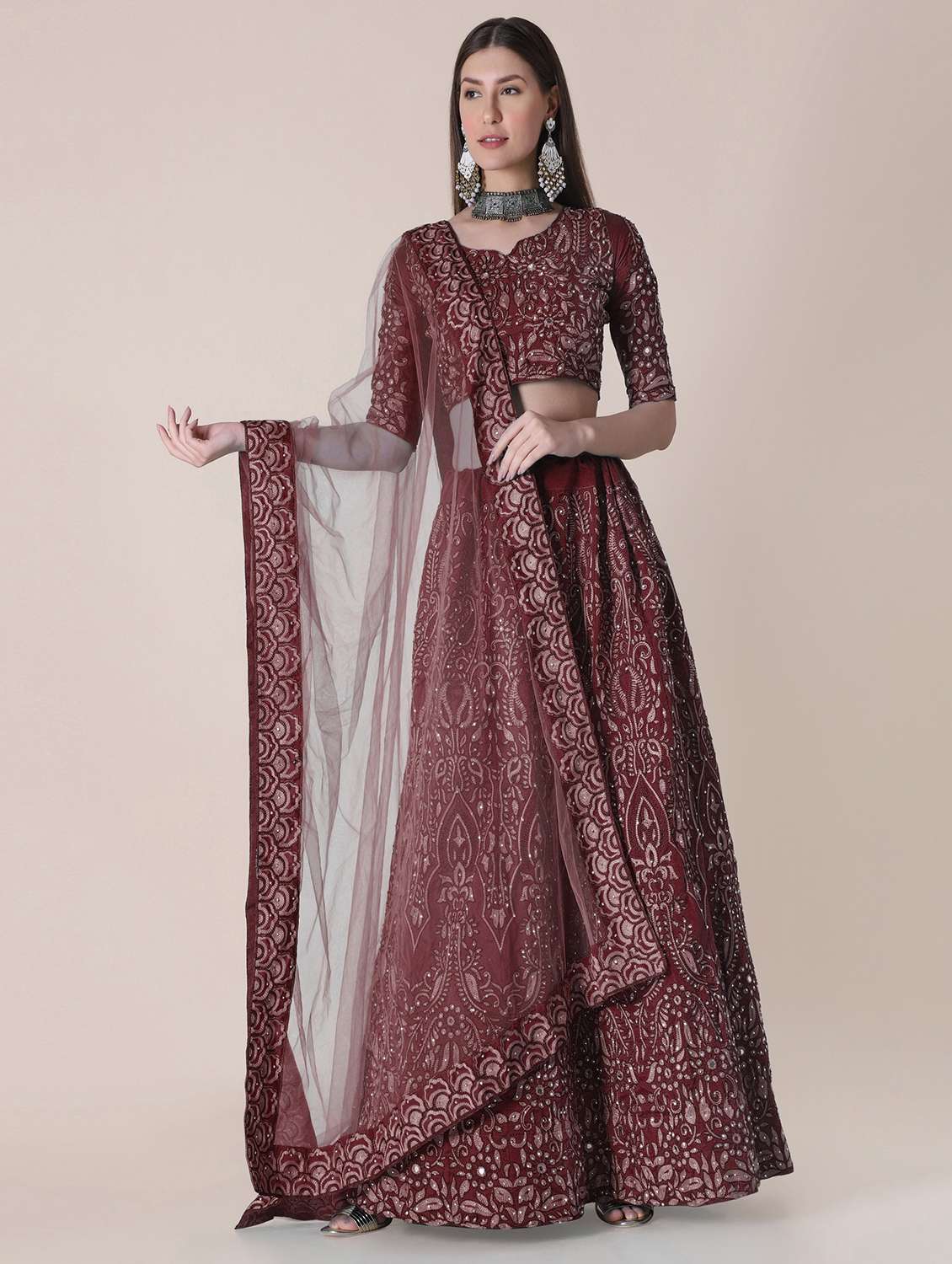 maroon art silk flared lehenga