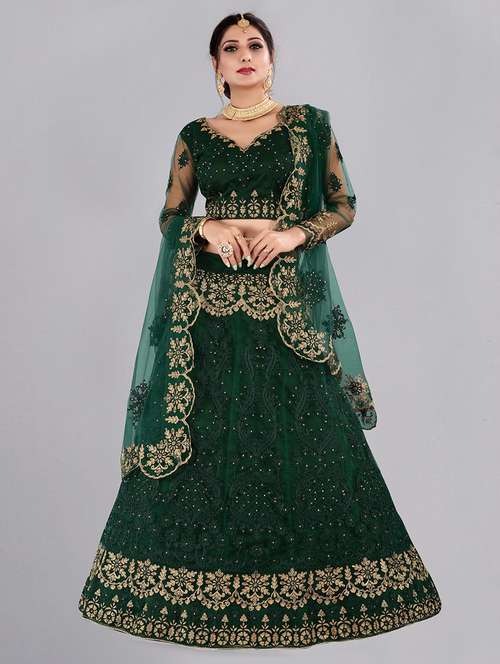 bottle green net flared lehenga - 18346624 -  Standard Image - 0
