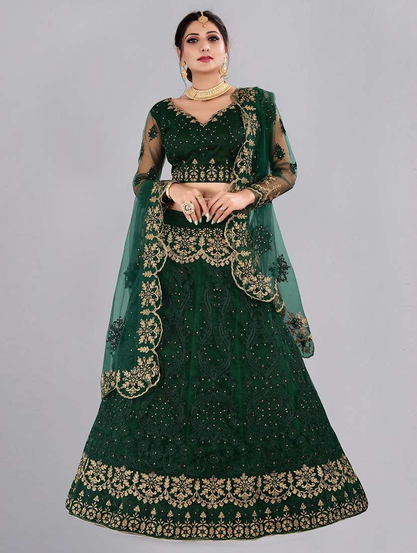 bottle green net flared lehenga
