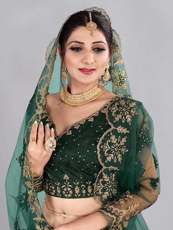 bottle green net flared lehenga - 18346624 -  Standard Image - 3