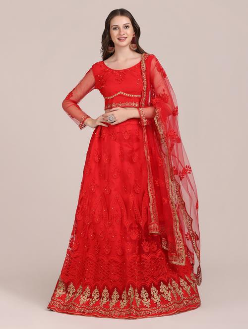 red embroidered flared lehenga - 18346669 - Standard Image - 0