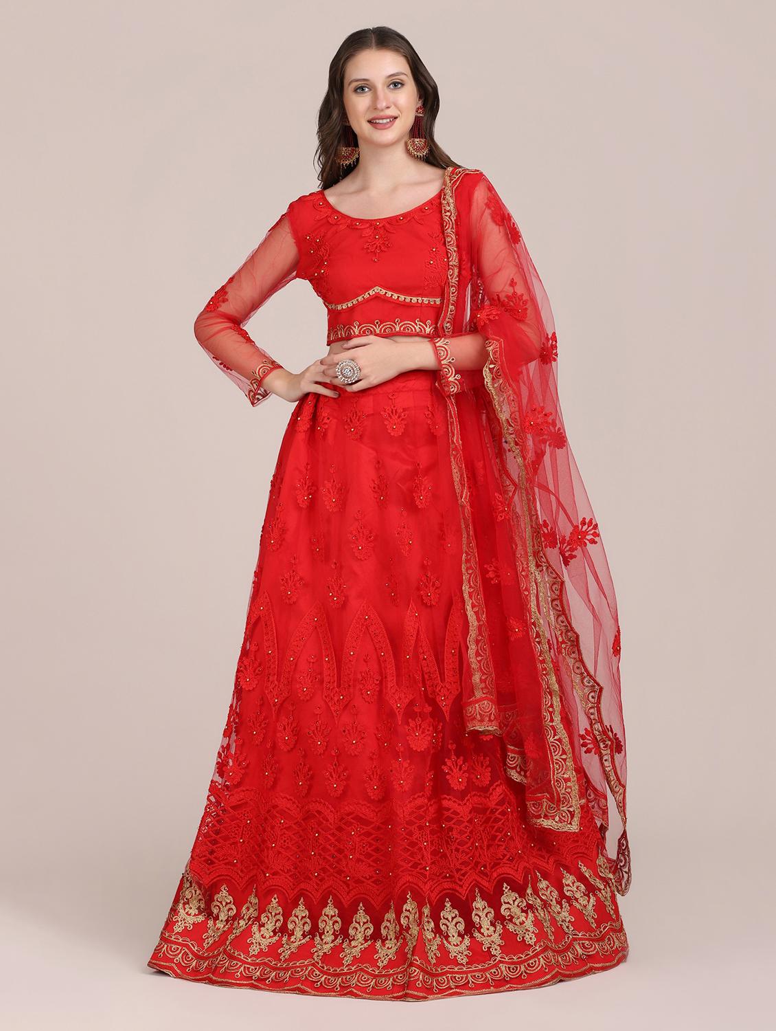 red embroidered flared lehenga - 18346669 - Zoom Image - 0