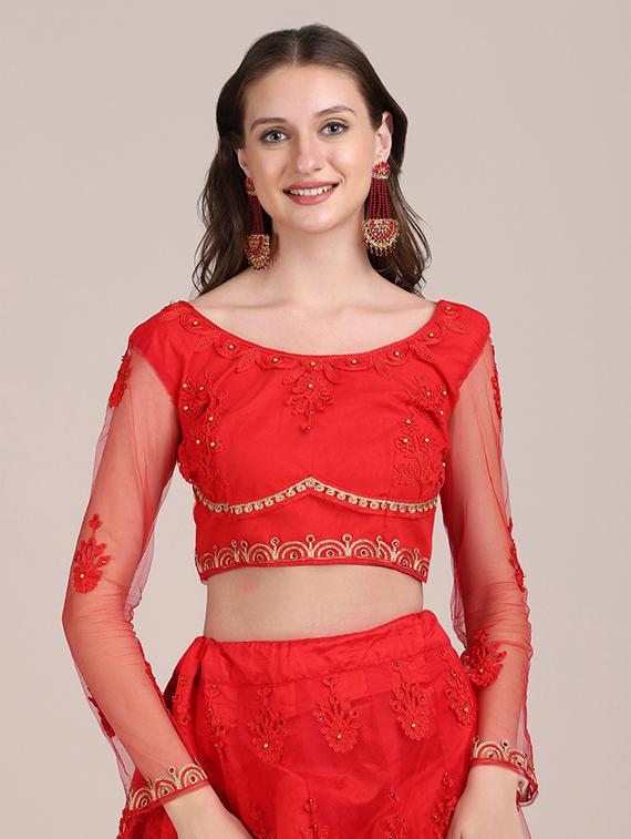 red embroidered flared lehenga - 18346669 - Standard Image - 3