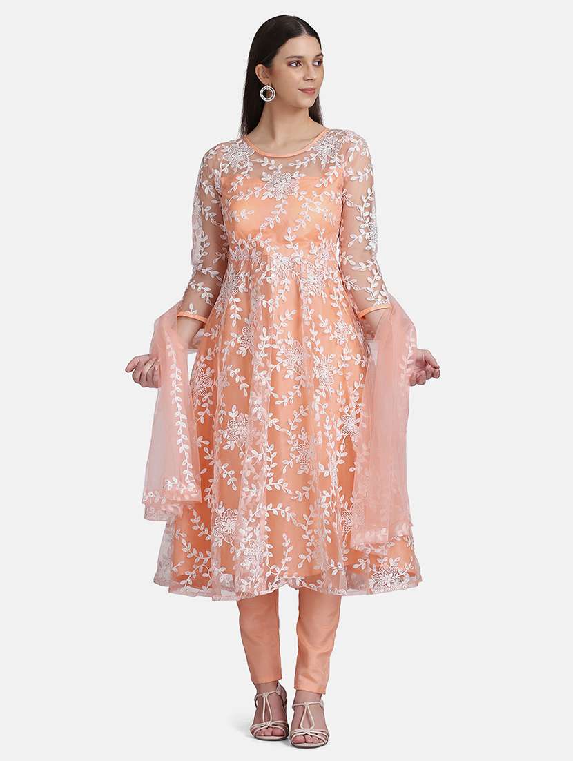 peach net semistitched suit