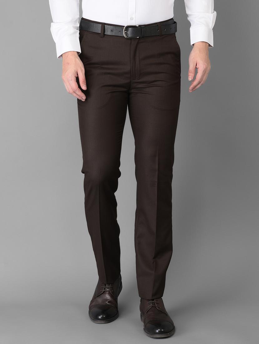 brown solid flat front trousers formal trouser - 18347254 -  Zoom Image - 0