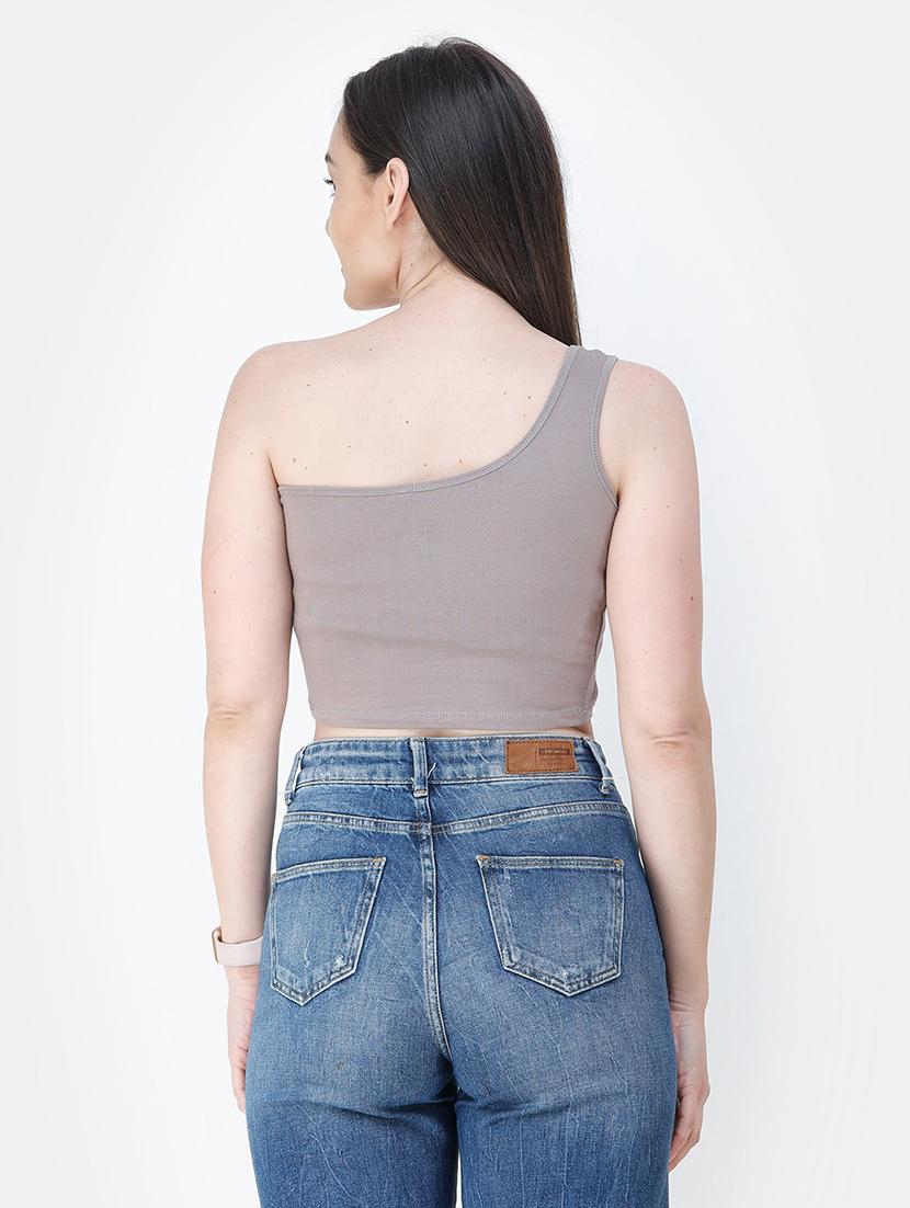 single shoulder solid crop top - 18347601 - Standard Image - 3