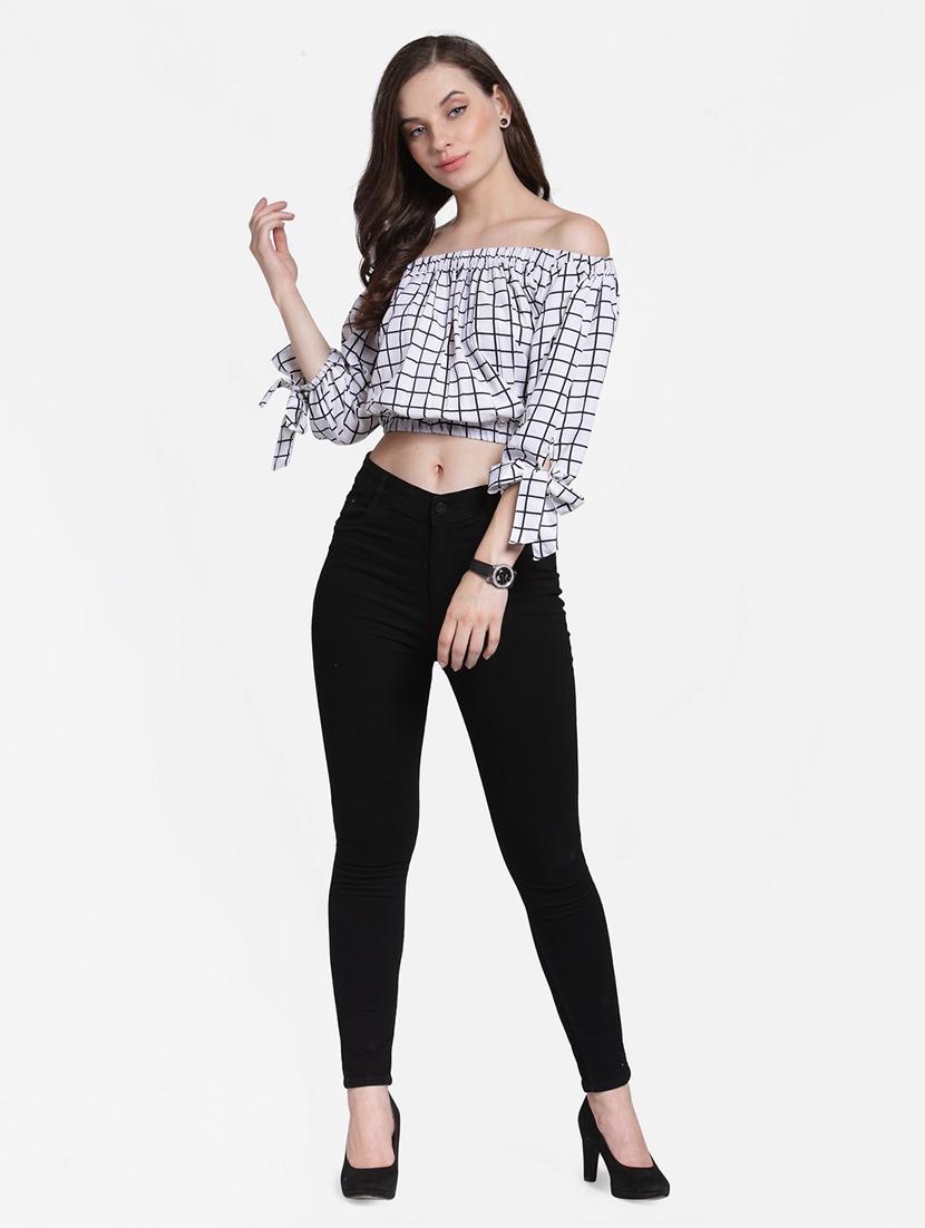 off shoulder checkered top - 18347644 - Standard Image - 3
