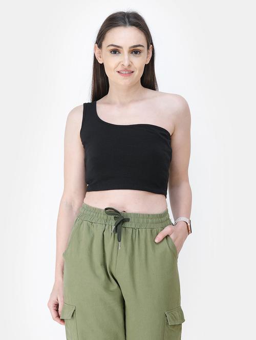 single shoulder solid crop top - 18347708 -  Standard Image - 0