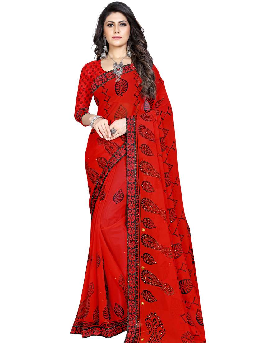 red georgette printed saree with blouse