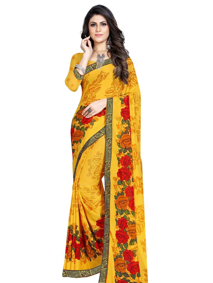 yellow georgette printed saree with blouse