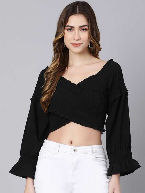 long sleeved smocked crop top - 18354434 - Standard Image - 0