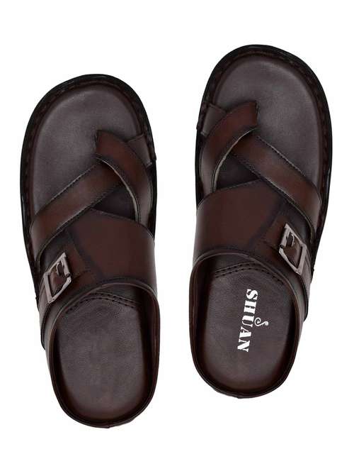 brown leatherette slip on sandals