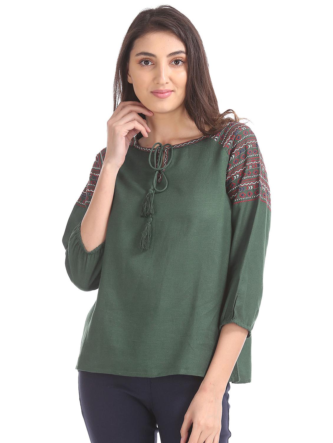 three quarter sleeved embroidered regular top - 18357391 - Zoom Image - 0