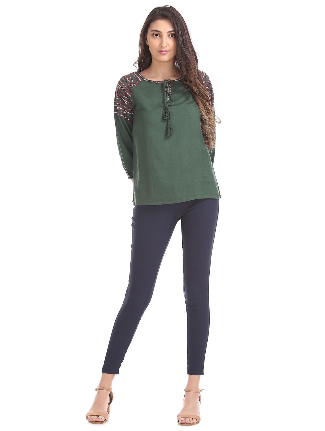 three quarter sleeved embroidered regular top - 18357391 - Standard Image - 3