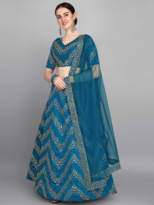 teal silk flared lehenga - 18358237 - Standard Image - 0