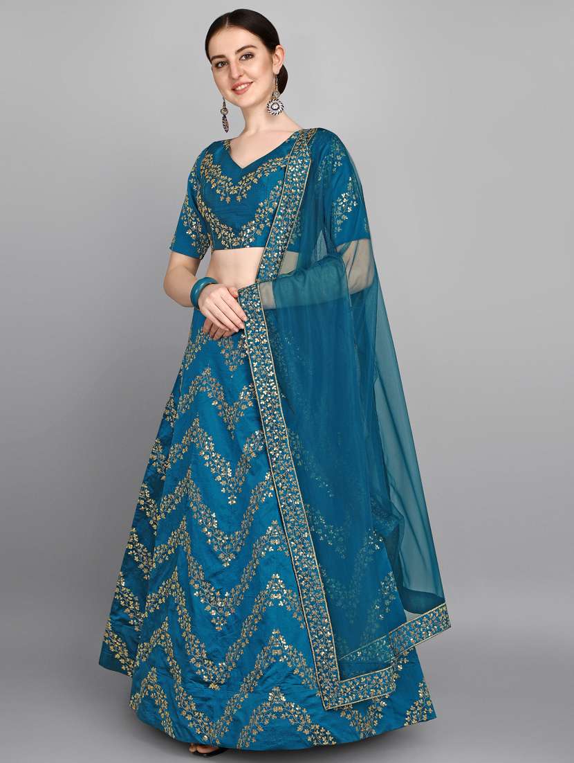 teal silk flared lehenga - 18358237 - Zoom Image - 0