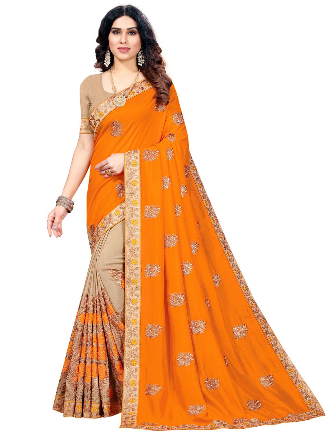 women's solid with work orange colored saree