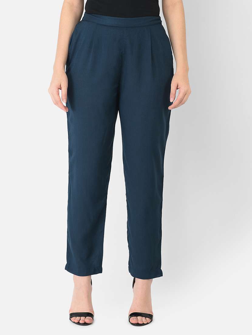 women solid teal blue pleated trouser