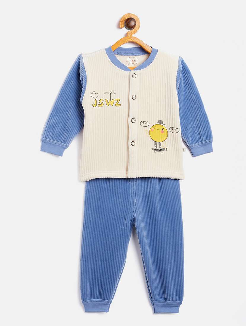 blue printed twin sets onesies and romper