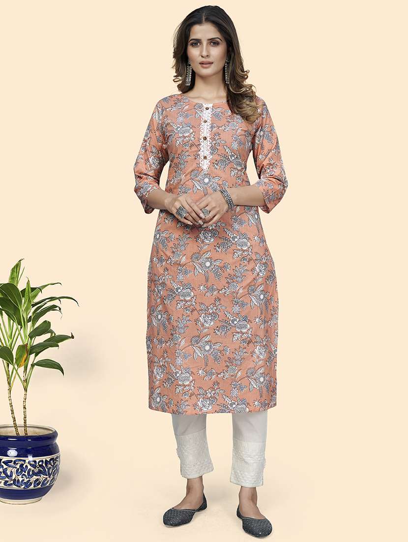 peach printed straight kurta - 18365710 - Zoom Image - 0