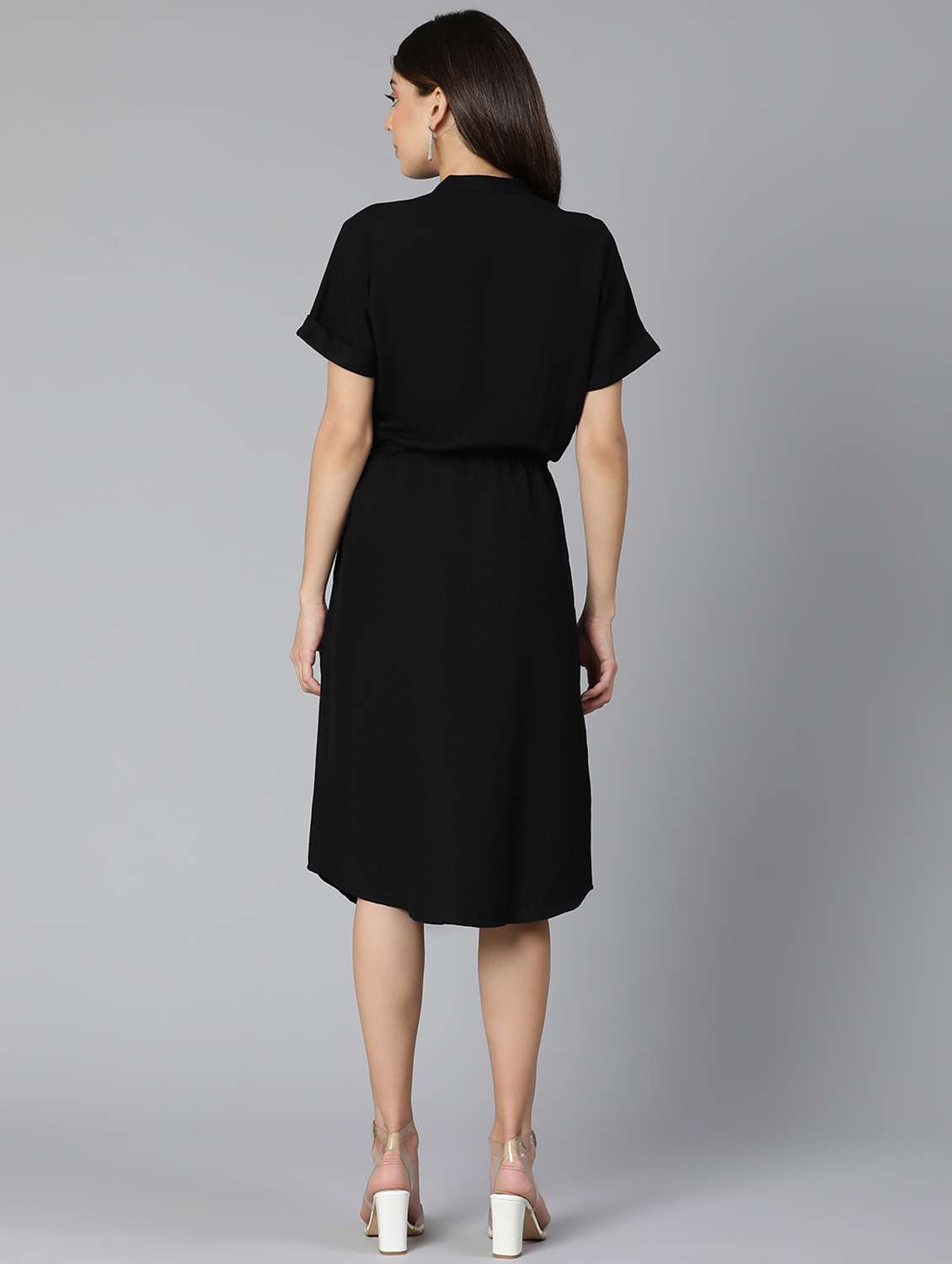mandarin neck solid a-line dress - 18365736 -  Standard Image - 3