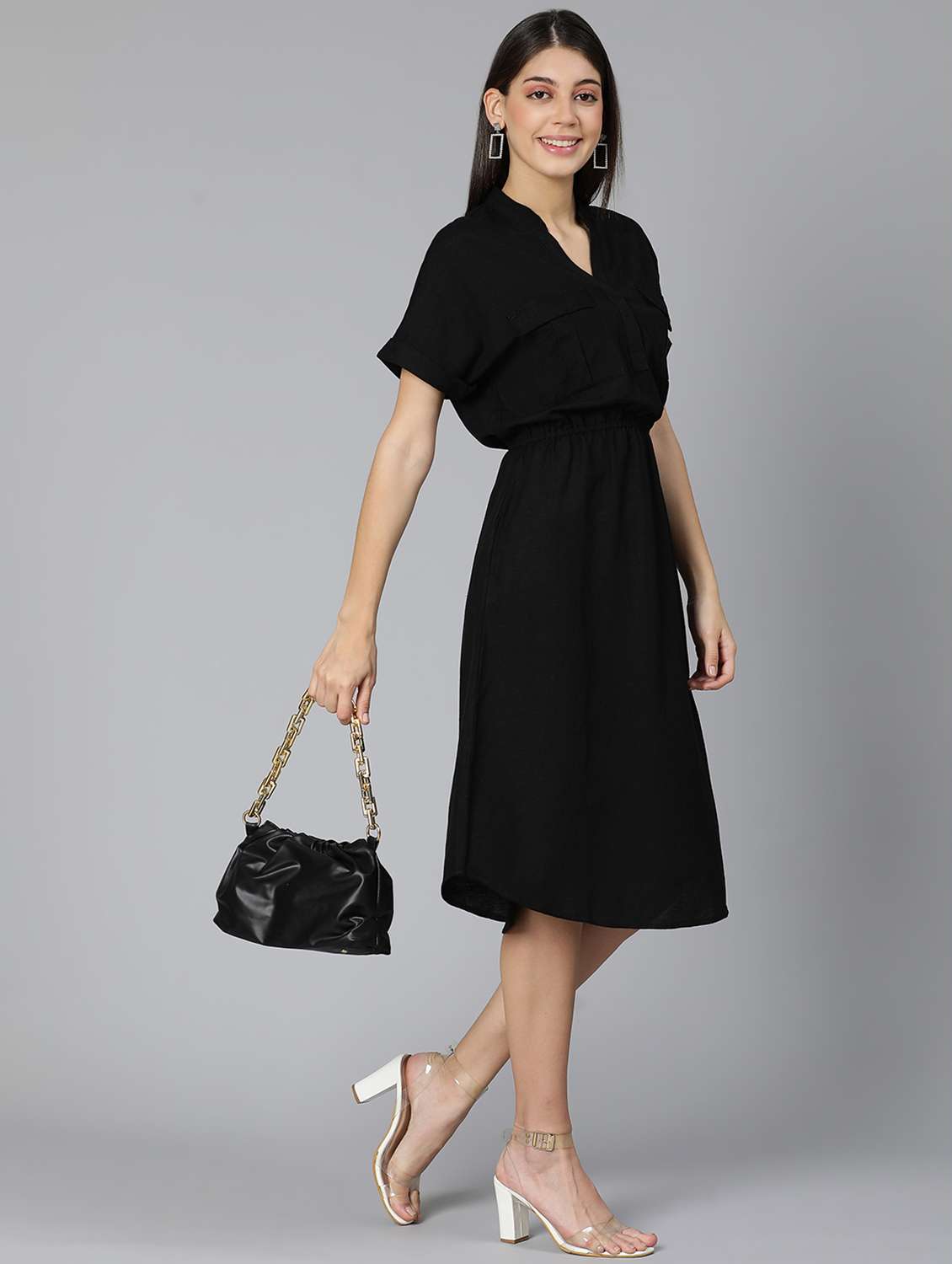 mandarin neck solid a-line dress - 18365736 -  Standard Image - 5