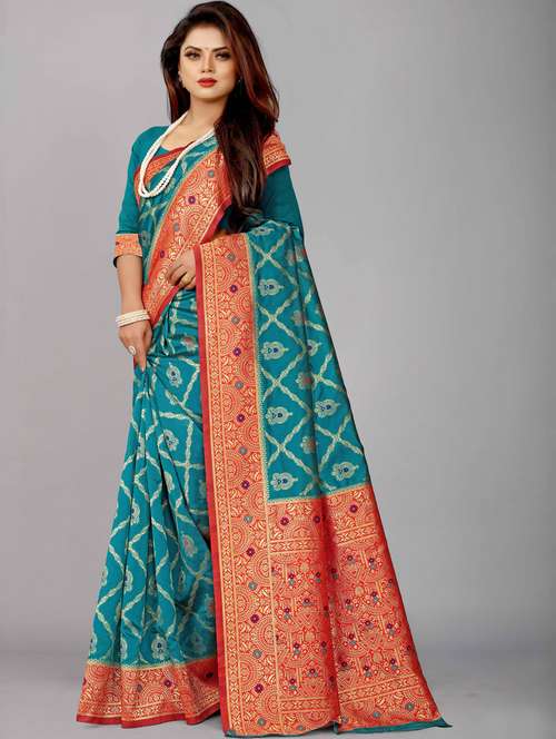 turquoise raw silk banarasi saree - 18365974 - Standard Image - 0